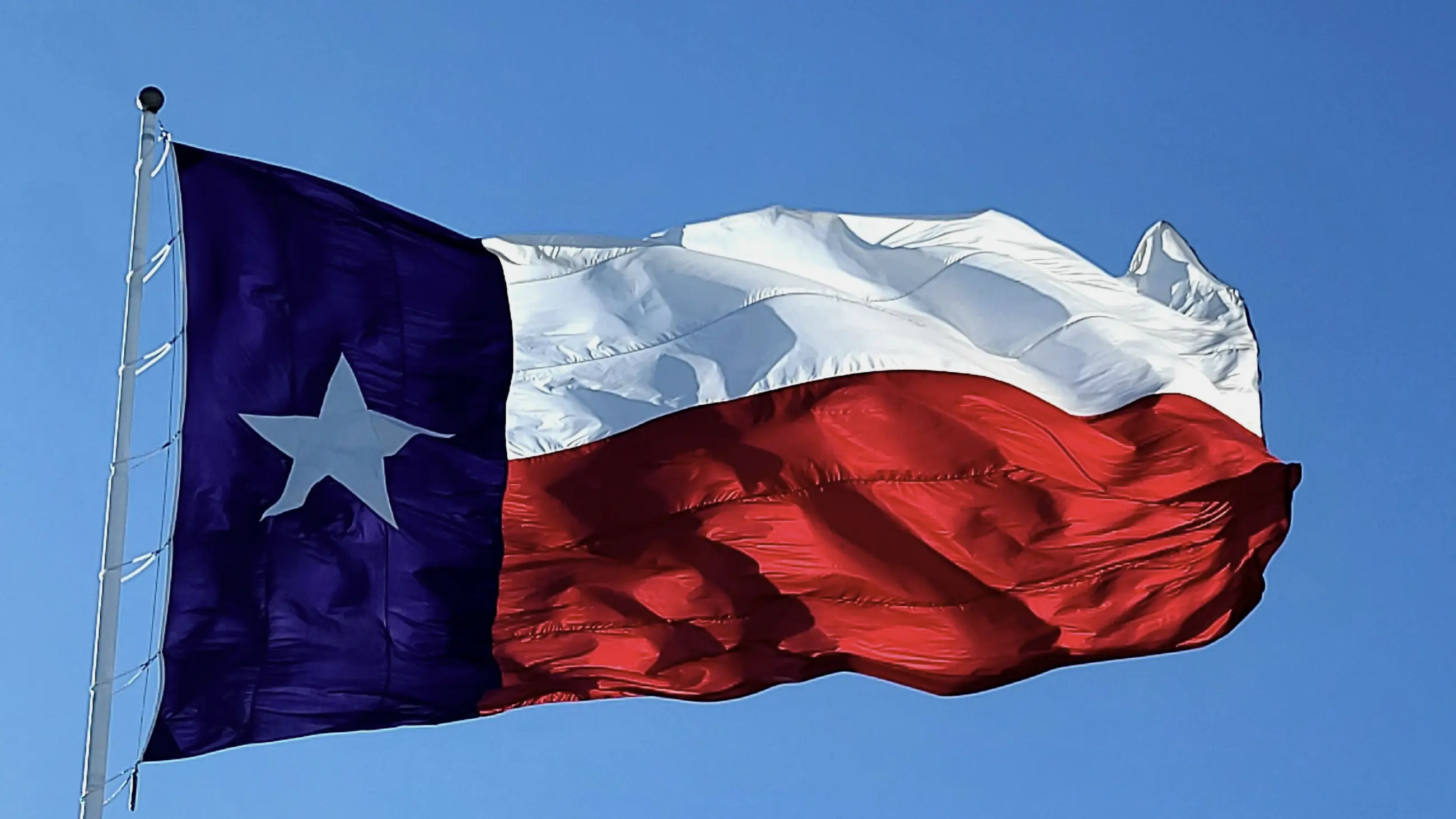 The Texas state flag against an open sky.